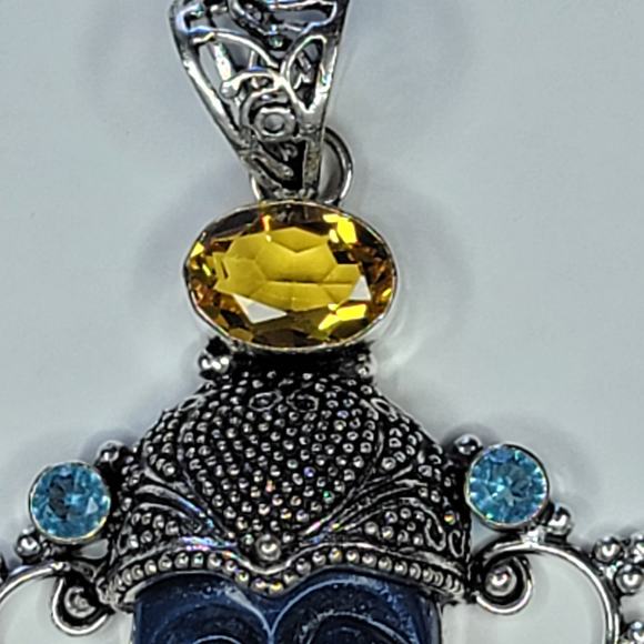 Sterling Silver Pendant with Blue Carved Face, Citrine, and Multi-Gem Accents - Picture 2 of 15